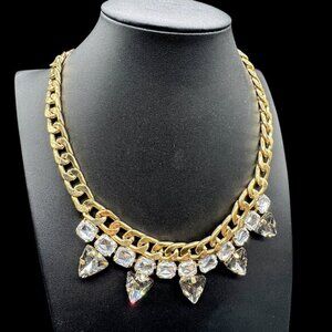 Statement Gold Tone Necklace Links Chain  Clear and Smokey Grey Glass Stones